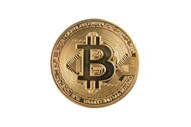 Altın bitcoin beyaz arka plan üzerinde izole. Üstte görüntü
