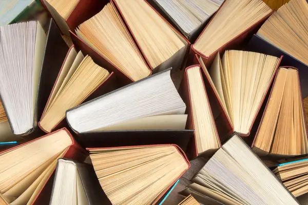 Eski ve kullanılmış kitaplar ya da yukarıdan görünen ders kitapları. Kitaplar ve okumalar kişisel gelişim için, kariyerlerimizde, iş hayatımızda ve özel hayatımızda bilgi ve başarı kazanmak için gereklidir.