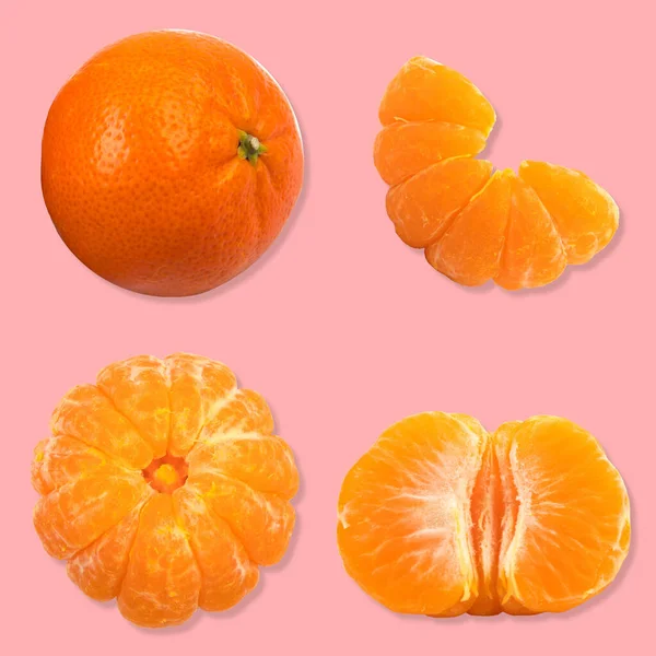 Set Fresh Whole Cut Mandarin Tangerine Slices Isolated Pink Background — Stock Photo, Image
