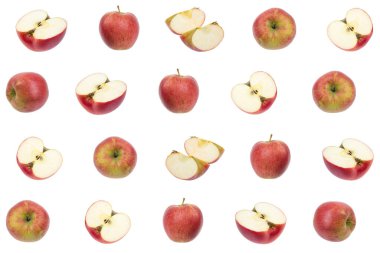 Taze kırmızı renkli meyve deseni, beyaz arka planda yeşil elma. Tekstil, duvar kağıdı ve kumaş için doku tasarımı. Yukarıdan bakıldığında