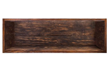 Boş koyu ahşap kitaplık beyaz arkaplanda izole