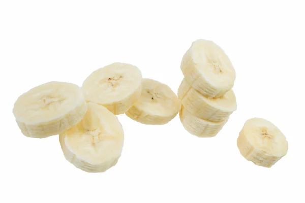 Fliegende Bananenscheiben Isoliert Auf Weißem Hintergrund Stockfoto