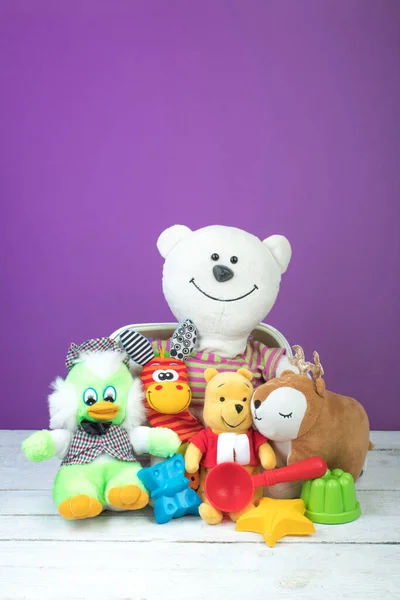 Sammlung Von Buntem Spielzeug Auf Lila Hintergrund Kinderspielzeug Stockfoto