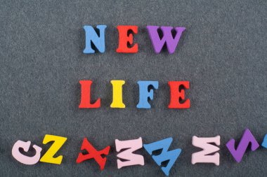 Kara tahta arkaplanındaki kelime renkli alfabe bloklu tahta harflerden oluşmuş, reklam metinleri için kopyalama alanı. İngilizce öğrenme kavramı