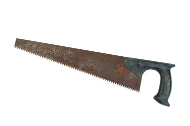 Beyaz arka planda izole edilmiş eski bir testere. Boşluğu kopyala