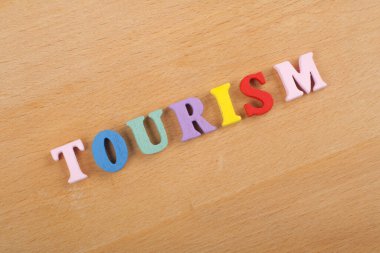 Ahşap arkaplan ile ilgili kelime renkli alfabe bloğu tahta harflerden oluşmuş, reklam metinleri için kopyalama alanı. İngilizce öğrenme kavramı