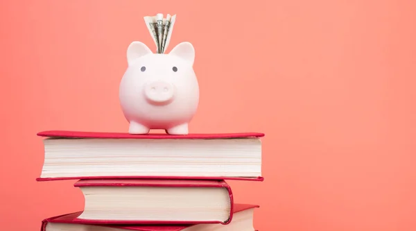 Piggy bank in glasses and books on Orange background. open book. Tuition payment. Brainwork