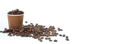 Paper cup with coffee, coffee beans on white background clipart