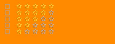 Altın, gri beş yıldız turuncu arka planda şekillenir. En iyi iş hizmetleri müşteri tecrübesi derecelendirme konsepti. Kutuları işaretleyin. Derecelendirme, sıralama, değerlendirme ve sınıflandırma fikrini arttır