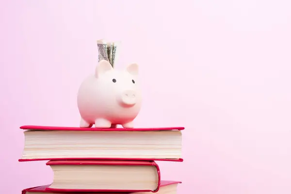 Piggy bank in glasses and books on pink background. open book. Tuition payment. Brainwork