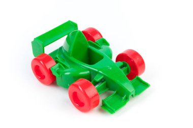 oyuncak motor yarış arabası, çocukların eğlencesi ve oyunu için, ön yakın çekim, beyaz arka planda izole edilmiş