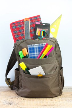 Sırt çantasında farklı renkte kırtasiye malzemeleri var. Beyaz arka plan. Okula geri dön.