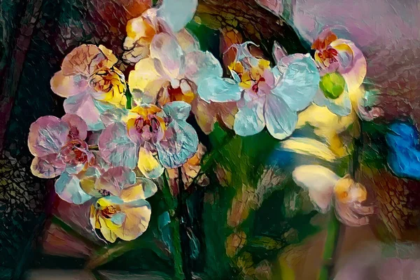 Světlé Ručně Kreslené Digitální Umění Ilustrace Květin Bílé Orchideje Tmavém — Stock fotografie