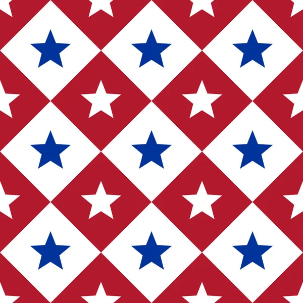 対角星と正方形のシームレスなパターン アメリカの愛国的背景 独立した日幾何学的なプリント 真の米国の旗の色は 選挙招待に最適です 休日のシンプルな壁紙 — ストックベクタ