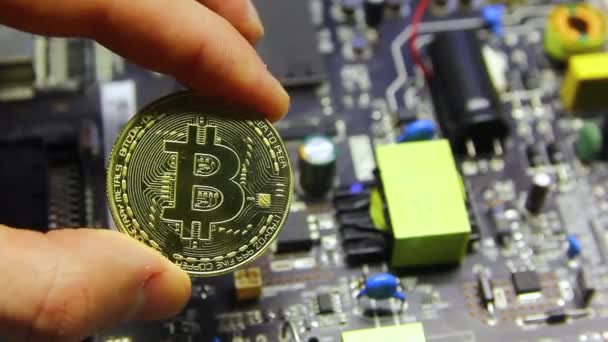 Mans Hand Holds Bitcoin Coin Background Microcircuit Board — Vídeos de Stock