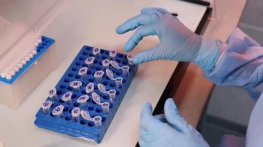 Laboratuvar teknisyenleri eldiven takmış, test tüplerini taşıyorlar..