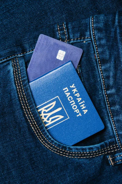 Bank Card Foreign Passport Citizen Ukraine Jeans Pocket Concept Refugees — Stock Photo, Image
