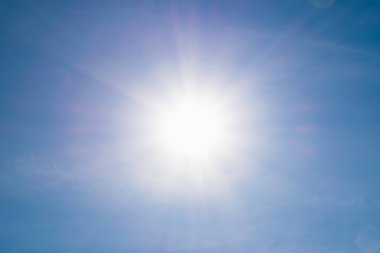 Sky with clouds and sun, blue sky background.
