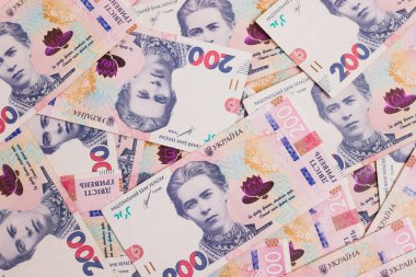 Para geçmişi, yakın plan bir sürü fatura. Birçok Ukrayna hryvniası yakın plan.