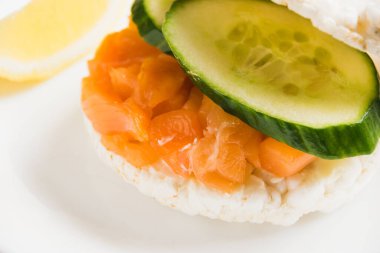 Flatlay, somonlu sandviç, salatalık ve limonlu beyaz tabak..