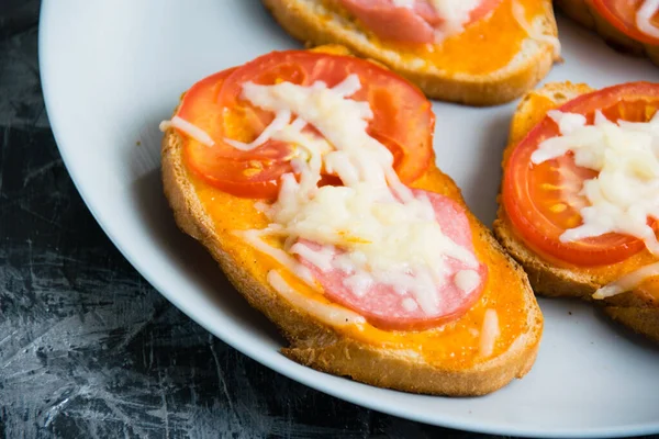 stock image Delicious hot sandwich with cheese and tomato, close-up, on a round gray plate.