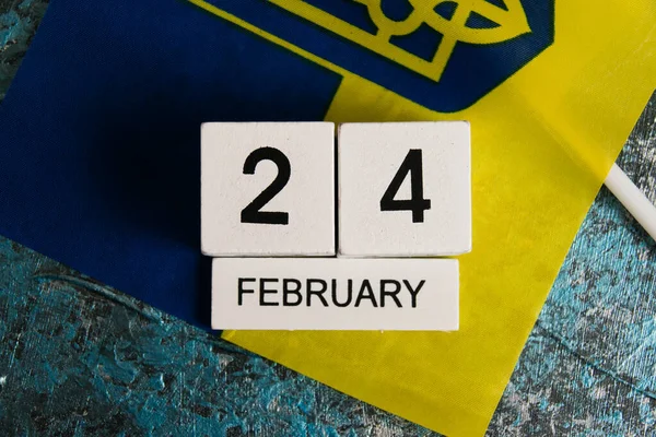 Calendario Madera Bandera Ucrania Cerca Día Invasión Rusa Gran Escala — Foto de Stock