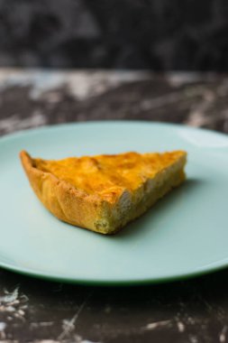 Turkuaz bir tabakta tavuk, peynir ve kremayla birlikte nefis bir dilim turta, fotokopi alanı. Yemek blogu konsepti, tarif yazımı