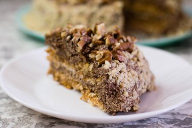 Hafif arka planda kremalı, fıstıklı ve cevizli nefis ev yapımı kek. Beyaz bir tabakta iştah açıcı bir pasta. Doğal ev yapımı pişirme kavramı.