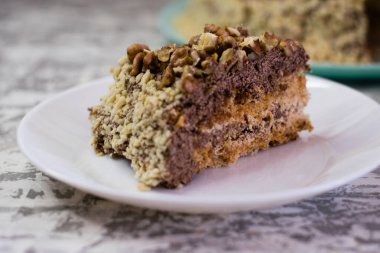 Hafif arka planda kremalı, fıstıklı ve cevizli nefis ev yapımı kek. Beyaz bir tabakta iştah açıcı bir pasta. Doğal ev yapımı pişirme kavramı.