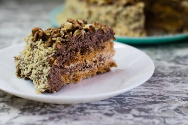 Hafif arka planda kremalı, fıstıklı ve cevizli nefis ev yapımı kek. Beyaz bir tabakta iştah açıcı bir pasta. Doğal ev yapımı pişirme kavramı.