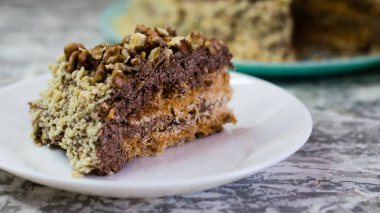 Hafif arka planda kremalı, fıstıklı ve cevizli nefis ev yapımı kek. Beyaz bir tabakta iştah açıcı bir pasta. Doğal ev yapımı pişirme kavramı.