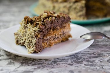 Hafif arka planda kremalı, fıstıklı ve cevizli nefis ev yapımı kek. Beyaz bir tabakta iştah açıcı bir pasta. Doğal ev yapımı pişirme kavramı.