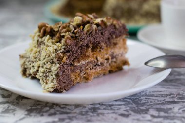 Hafif arka planda kremalı, fıstıklı ve cevizli nefis ev yapımı kek. Beyaz bir tabakta iştah açıcı bir pasta. Doğal ev yapımı pişirme kavramı.