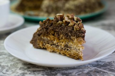 Hafif arka planda kremalı, fıstıklı ve cevizli nefis ev yapımı kek. Beyaz bir tabakta iştah açıcı bir pasta. Doğal ev yapımı pişirme kavramı.