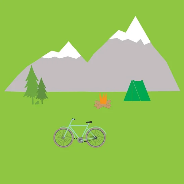 Fahrrad Zelt Feuer Und Tanne Gebirge — Stockvektor