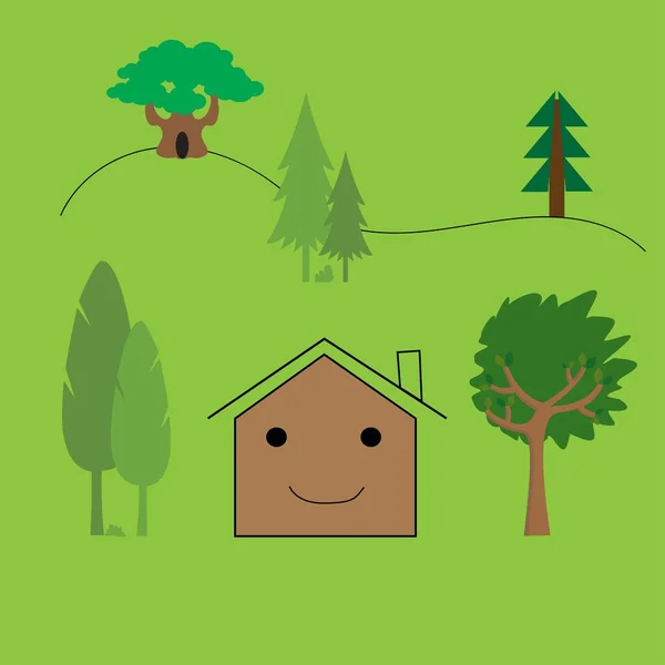 Σπίτι Χαμογελώντας Διαφορετικούς Τύπους Δέντρων — Διανυσματικό Αρχείο