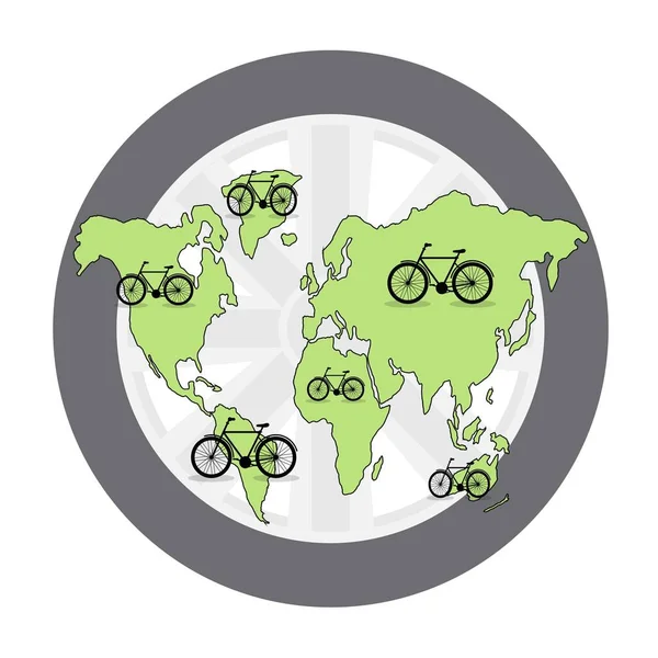 Symbole Rowerów Mapie Świata Koncepcja Światowego Dnia Rowera — Wektor stockowy