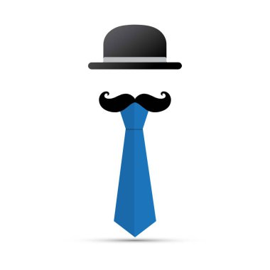 Black mustache, hat and blue tie on white background