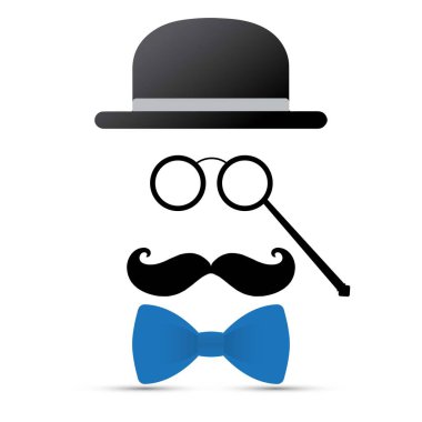 Black mustache, lorgnette, hat and blue bowtie on white background