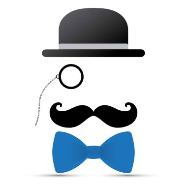 Black mustache, monocle, hat and blue bowtie on white background