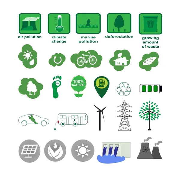 Conjunto Veintiséis Iconos Medio Ambiente Energía Sostenible Ecología Reciclaje — Vector de stock