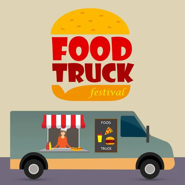 Food Truck Festival Text Woman Food Truck Selling Pizza Burger — Stock Vector