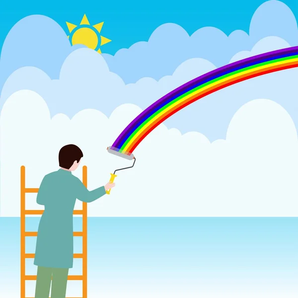 Hombre Una Escalera Pintando Arco Iris Las Nubes — Vector de stock