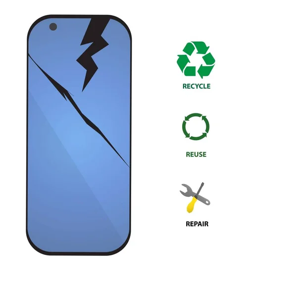 Zniszczony Smartfon Ikonami Ponownego Użycia Recyklingu Naprawy — Wektor stockowy