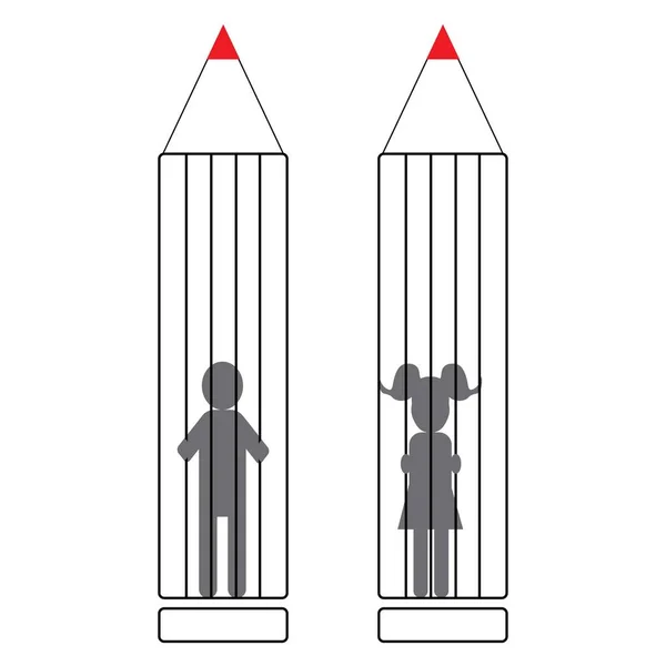 Stock vector Boy and girl in a pencil prison, inappropriate education concept