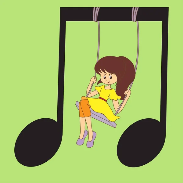 Meisje Een Schommel Hangend Aan Muzieknoten — Stockvector