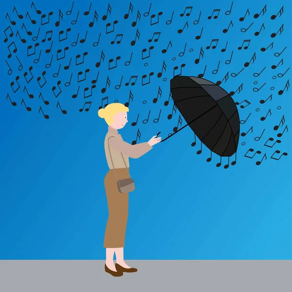 Vrouw Met Paraplu Regen Van Muzieknoten — Stockvector
