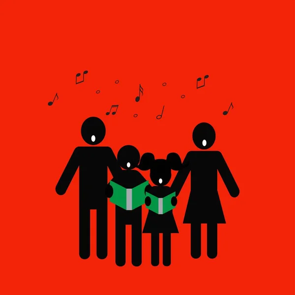 Silhouetten Van Volwassenen Kinderen Die Rode Achtergrond Zingen — Stockvector