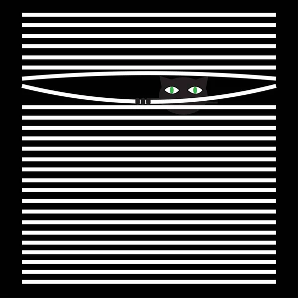 Черный Кот Зелеными Глазами Белыми Жалюзи — стоковый вектор