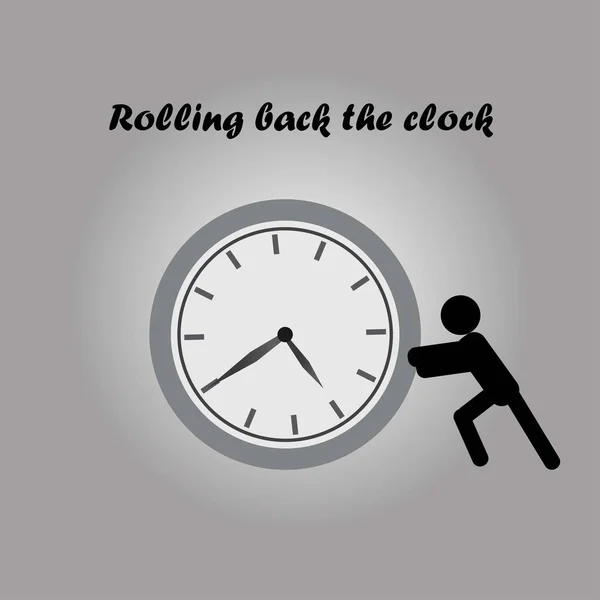 Silhouette Une Personne Poussant Une Horloge Faisant Reculer Concept Temps — Image vectorielle